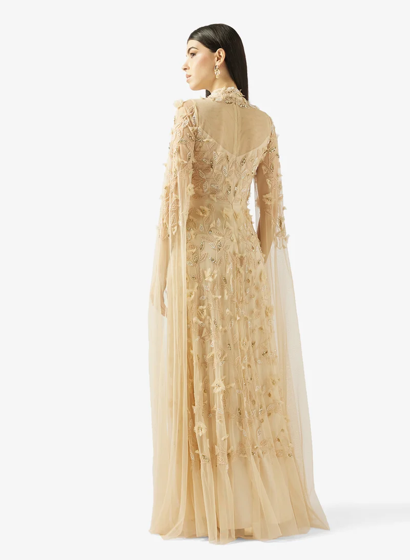 Namshi x 3D Floral Embellished Evening Gown with Cape Sleeves